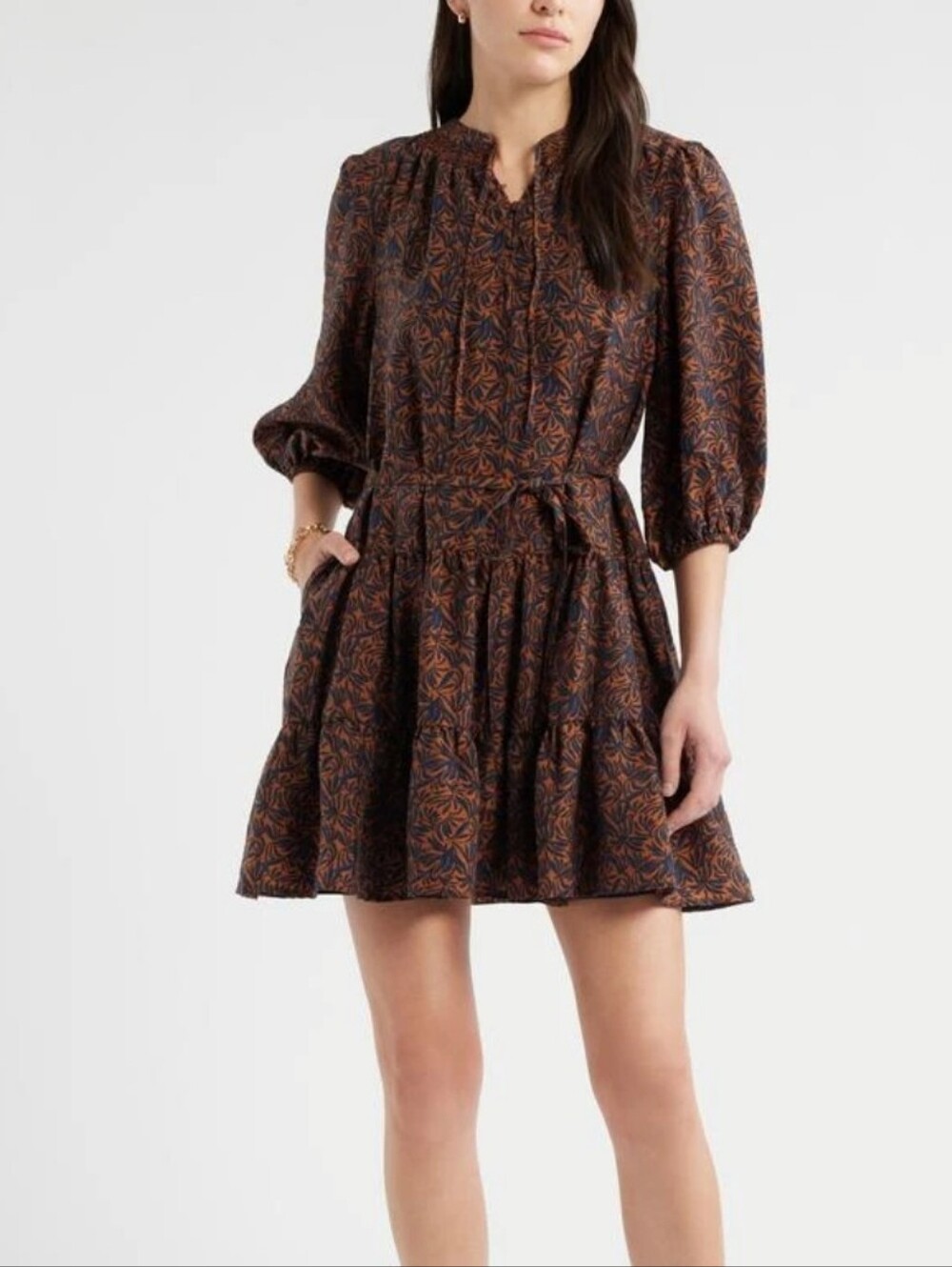 Caslon printed tiered mini dress with a self-tie waist